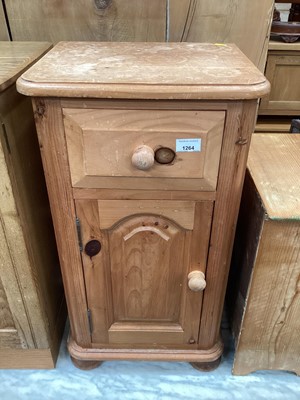 Lot 1264 - Pine bedside chest with single drawer and panelled door below, together with a small pine chest of three drawers, metal coal box and a wooden trunk with metal side handles (4)