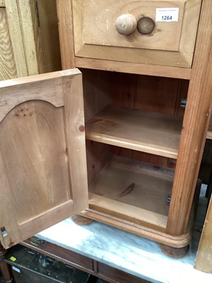 Lot 1264 - Pine bedside chest with single drawer and panelled door below, together with a small pine chest of three drawers, metal coal box and a wooden trunk with metal side handles (4)