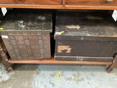 Lot 1264 - Pine bedside chest with single drawer and panelled door below, together with a small pine chest of three drawers, metal coal box and a wooden trunk with metal side handles (4)