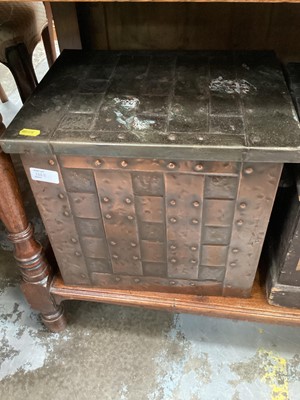 Lot 1264 - Pine bedside chest with single drawer and panelled door below, together with a small pine chest of three drawers, metal coal box and a wooden trunk with metal side handles (4)