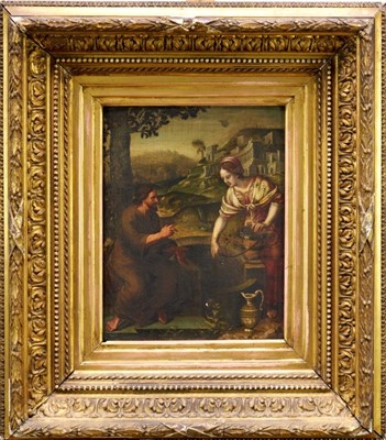 Lot 1034 - Late 18th/early 19th century oil on panel - Christ and the Woman at the Well, 34cm x 26cm, collection seals verso, in gilt frame