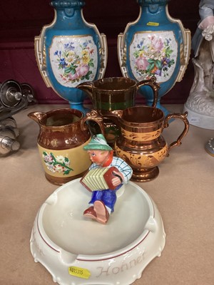 Lot 623 - Humorous German ashtray 'Hohner', three Victorian lustre jugs, pair of Sèvres-style vases