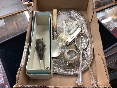 Lot 1088 - Antique baby's rattle, 4 pieces of Christofle silver: pickle fork, 2 sifting spoons, butter scoop, together with Indian silver salt and shaped Indian tray, together with 3 silver and mother of pear...