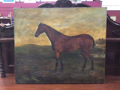 Lot 109 - 19th century oil on canvas of a horse, indistinctly signed, an oil on board and a Japanese silk painting (3)