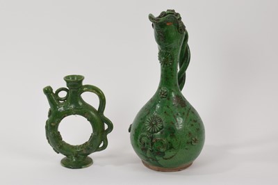 Lot 121 - Two green glazed antique Canakkale pottery ewers, Turkey