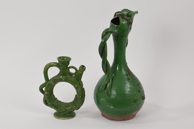 Lot 121 - Two green glazed antique Canakkale pottery ewers, Turkey