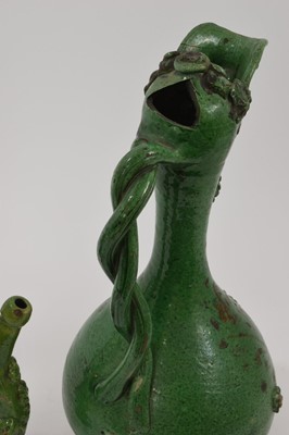Lot 121 - Two green glazed antique Canakkale pottery ewers, Turkey