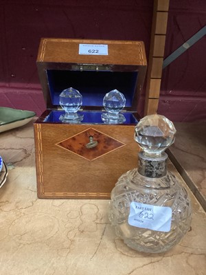 Lot 622 - Antique mahogany inlaid toilet box and key, containing two scent bottles, together with glass globular scent bottle with silver top