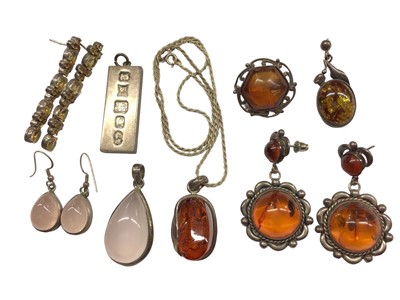 Lot 1046 - Group of silver mounted amber jewellery, rose quartz etc and a silver ingot pendant