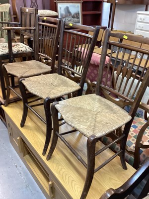 Lot 1422 - Three small rustic arts and crafts period chairs, together with similar period slender floor standing corner cupboard and portable writing box with lift lid (5 items)