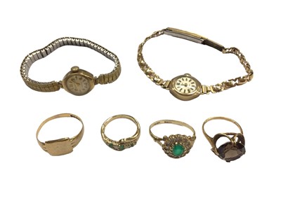 Lot 1048 - Three 9ct gold gem set dress rings, 9ct gold signet ring and two 9ct gold cased ladies wristwatches on plated bracelets