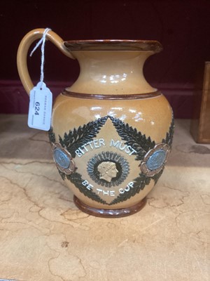 Lot 624 - Royal Doulton jug with text 'Bitter must be the cup that a smile will not sweeten'