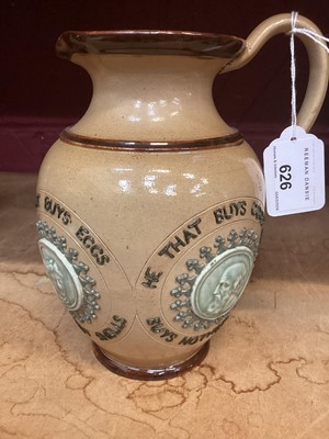 Lot 626 - Doulton jugs 'He that buys eggs, buys shells'; 'He that buys ale buys nothing else'; He that buys land buys stones'