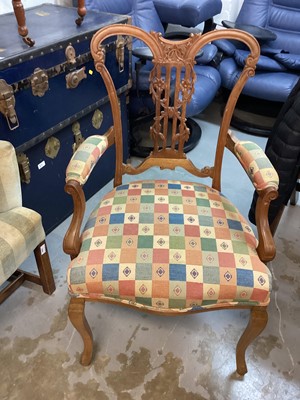 Lot 1421 - Set of six Edwardian carved walnut salon chairs upholstered in Romo fabric