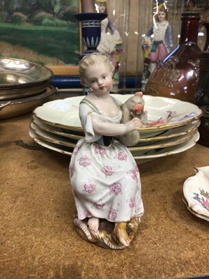 Lot 69 - Group of ceramics, including a Meissen figure of a girl, four Crown Derby plates, a Doulton art nouveau pot, pair of figures under glass domes, etc