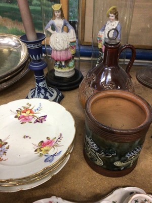 Lot 69 - Group of ceramics, including a Meissen figure of a girl, four Crown Derby plates, a Doulton art nouveau pot, pair of figures under glass domes, etc