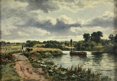 Lot 89 - Norwich School (circa 1900), oil on board - a scene on the Norfolk Broads with a horse and rider on a path near a barge on the river, in painted frame. 23 x 33cm.