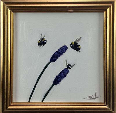 Lot 87 - Vivek Mandalia, oil  on board - Lavender and bumble bees, monogrammed, also signed verso.  20 x 20cm.