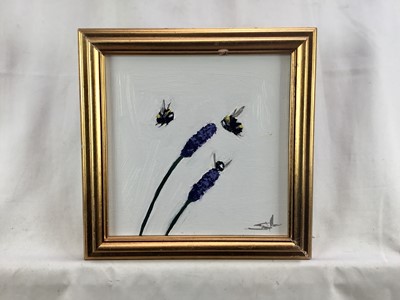 Lot 87 - Vivek Mandalia, oil  on board - Lavender and bumble bees, monogrammed, also signed verso.  20 x 20cm.