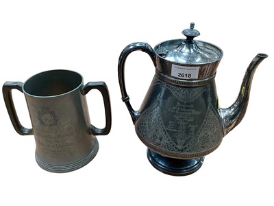 Lot 2618 - Two shooting trophies, a teapot presented to Mr T. Swindon 1879, and a pewter quart tankard to 'B' Company 1877