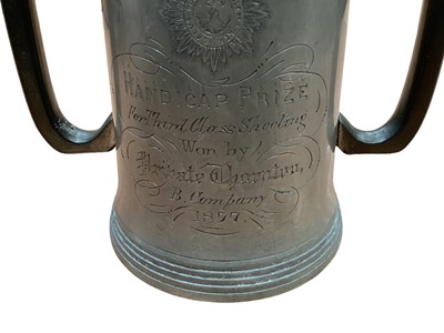 Lot 2618 - Two shooting trophies, a teapot presented to Mr T. Swindon 1879, and a pewter quart tankard to 'B' Company 1877