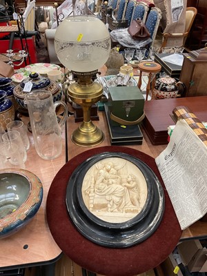 Lot 534 - Brass oil lamp, wind gauge, miniature long case clock, oval relief plaque and sundry items