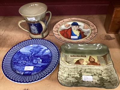 Lot 628 - Art Nouveau Royal Doulton tyg together with dish with 2 monks, The Hunting Man, blue dish depicting industry, blue Copeland cup, saucer and egg cup depicting landscapes