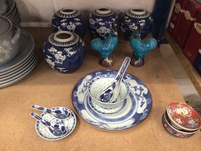 Lot 73 - Group of Oriental ceramics, including four Chinese blue and white prunus jars, Chinese rice pattern porcelain, a Japanese Arita dish, etc