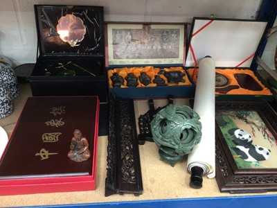 Lot 79 - Group of Chinese items, including a hardstone puzzle ball, figure of Guanyin, embroidery, etc