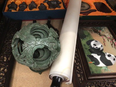 Lot 79 - Group of Chinese items, including a hardstone puzzle ball, figure of Guanyin, embroidery, etc