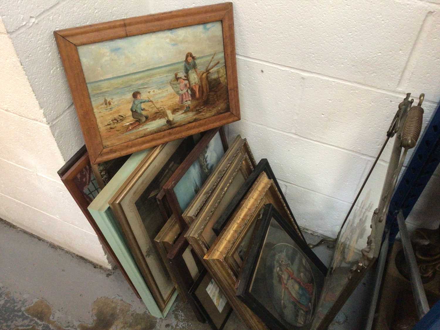 Lot 83 - Mixed group of pictures, including an oil on board beach scene, antique prints, etc