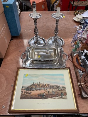 Lot 530 - Group of silver plate, a silver pot lid, and a print of London