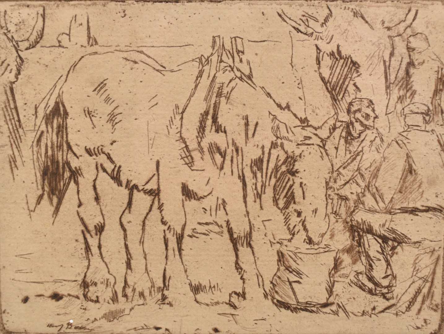 Lot 1193 - Harry Becker (1865-1928) etching - Horse Drinking from a Bucket, 11.5cm x 15cm, in glazed frame