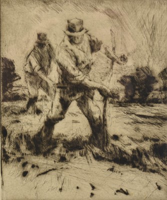 Lot 1192 - Harry Becker (1865-1928) etching - Men Scything, 16cm x 13.5cm, in glazed gilt frame