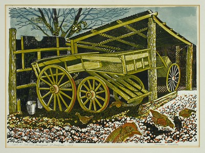 Lot 1264 - *Richard Bawden (b.1936) linocut - 'Cart on Tom Ives’ Farmyard, Gt Bardfield 1953, titled and signed in pencil, 34cm x 46.5cm, in glazed frame