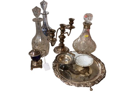 Lot 90 - Silver-collared ship's decanter, pair of Victorian cut glass decanters, group of silver plate and a porcelain strainer