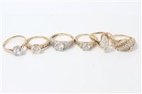 Lot 3253 - Six gold (14ct) gem set dress rings. Ring size...