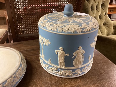 Lot 607 - Victorian blue Jasper Ware cheese dome with classical figure decoration 29cm high