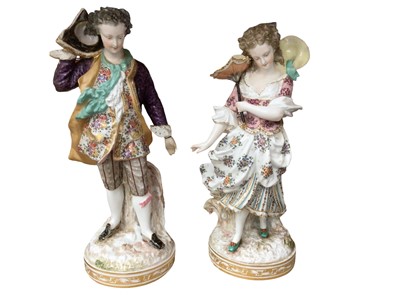 Lot 91 - Large pair of continental porcelain figures, polychrome painted, gilt mark to base, 38cm high