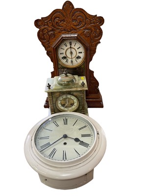 Lot 237 - Victorian wall dial in painted case, Victorian ‘Gingerbread’ clock snd a Victorian green onyx cased clock with replacement quartz movement (3)