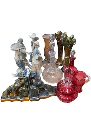 Lot 235 - Group of NAO figures, Victorian cranberry glass etc