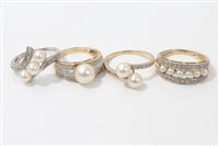 Lot 3255 - Four gold (9ct) cultured pearl and diamond set...