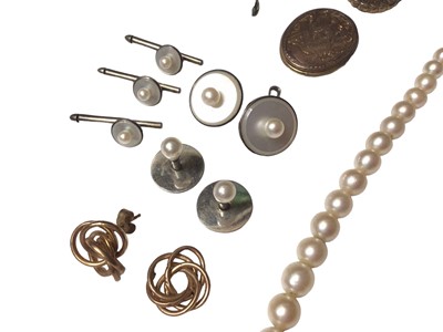 Lot 66 - Omega De Ville gold plated wristwatch, two cultured pearl necklaces, 18ct gold pearl cluster ring, silver, mother of pearl and pearl dress studs and other jewellery