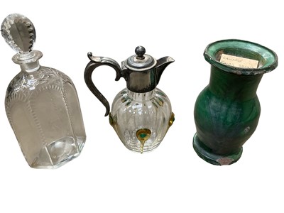Lot 143 - Regency cut glass decanter and stopper, Art Nouveau decanter and a Chinese green glazed vessel described as Tang to label within