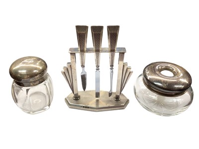 Lot 1055 - Art Deco silver manicure set by Crisford & Norris (Birmingham 1932), together with two silver topped jars