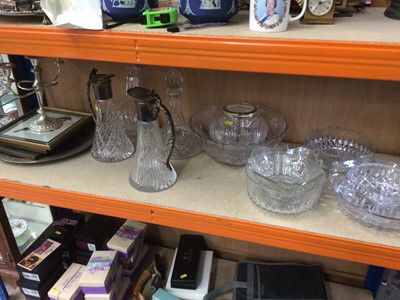 Lot 95 - Pair of claret jugs, cut glass, prints, etc (1 shelf)