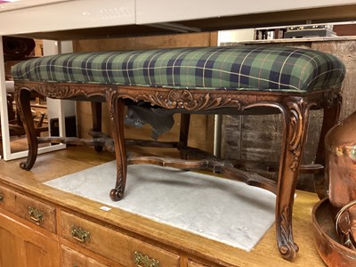 Lot 1344 - Good quality mahogany long footstool with tartan upholstery on six carved cabriole legs joined by shaped stretchers, 130cm wide, 52cm deep, 53cm high