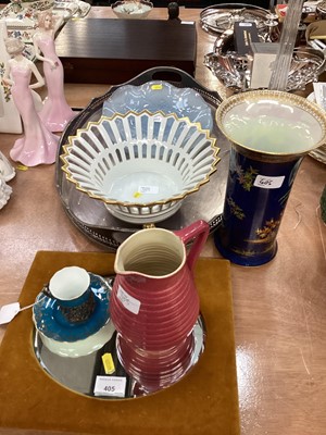 Lot 405 - Silver plated gallery tray together with a mirror, Italian china basket and three glass dishes.