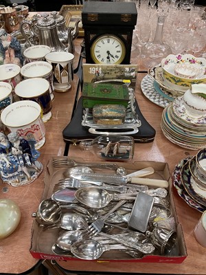 Lot 408 - Black slate mantle clock, together with silver plated flatware, vintage tins and sundries.