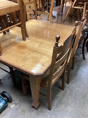 Lot 1345 - Edwardian oak extending dining table with two extra leaves opening to 205cm x 103cm, together with a set of six ladder back chairs